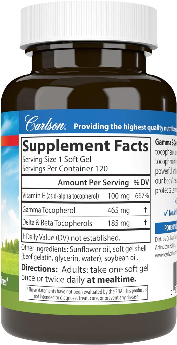 Carlson Gamma E-Gems 465mg Softgels with Gamma Tocopherol for Optimal Wellness - 120 Vitamin E Tocopherol Capsules