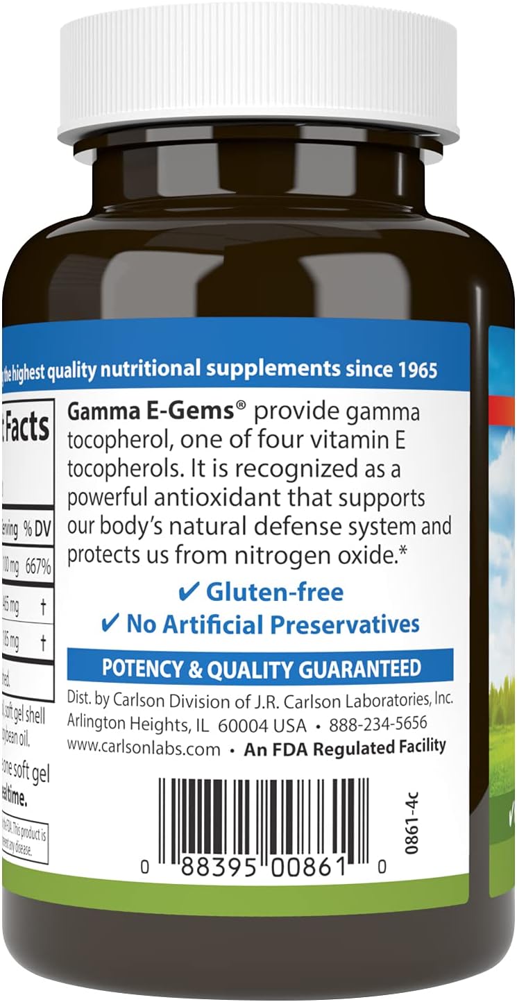 Carlson Gamma E-Gems 465mg Softgels with Gamma Tocopherol for Optimal Wellness - 120 Vitamin E Tocopherol Capsules
