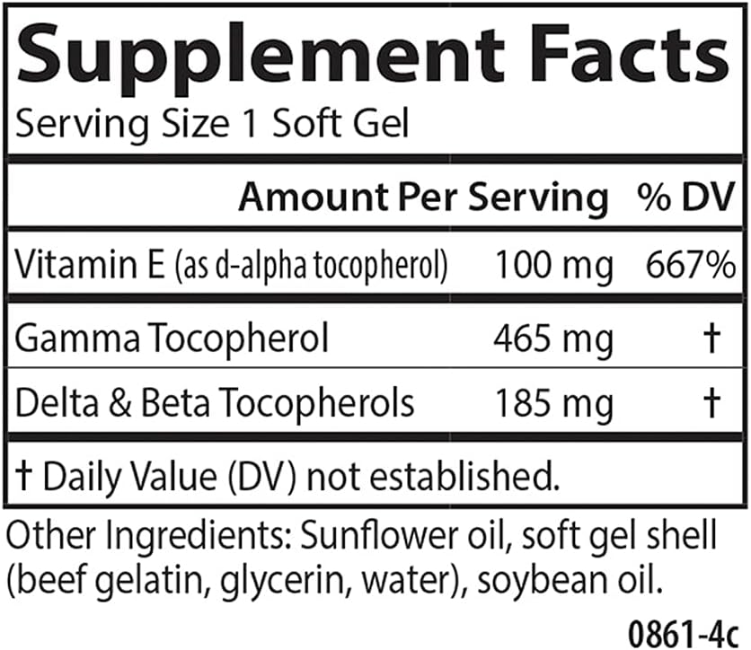 Carlson Gamma E-Gems 465mg Softgels with Gamma Tocopherol for Optimal Wellness - 120 Vitamin E Tocopherol Capsules
