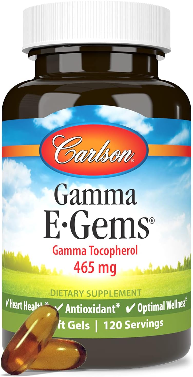 Carlson Gamma E-Gems 465mg Softgels with Gamma Tocopherol for Optimal Wellness - 120 Vitamin E Tocopherol Capsules