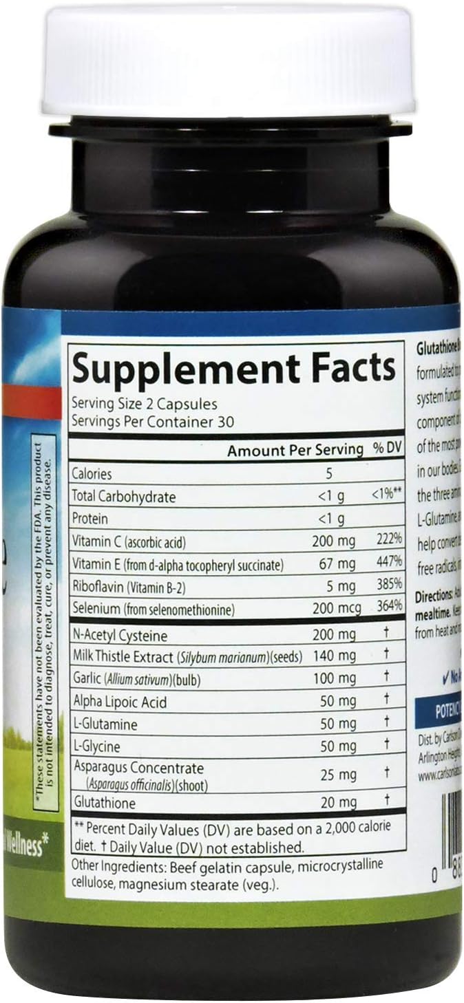 Carlson Glutathione Booster with Alpha Lipoic Acid for Immune Support and Antioxidant Benefits - 60 Capsules