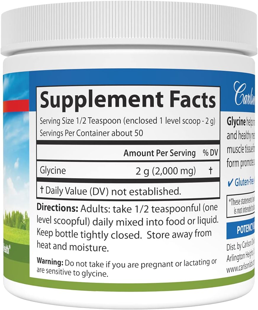 Carlson Glycine Powder 2000mg - Amino Acid Supplement for Energy and Muscle Development, 3.53 oz (100g) - BoostGo Australia