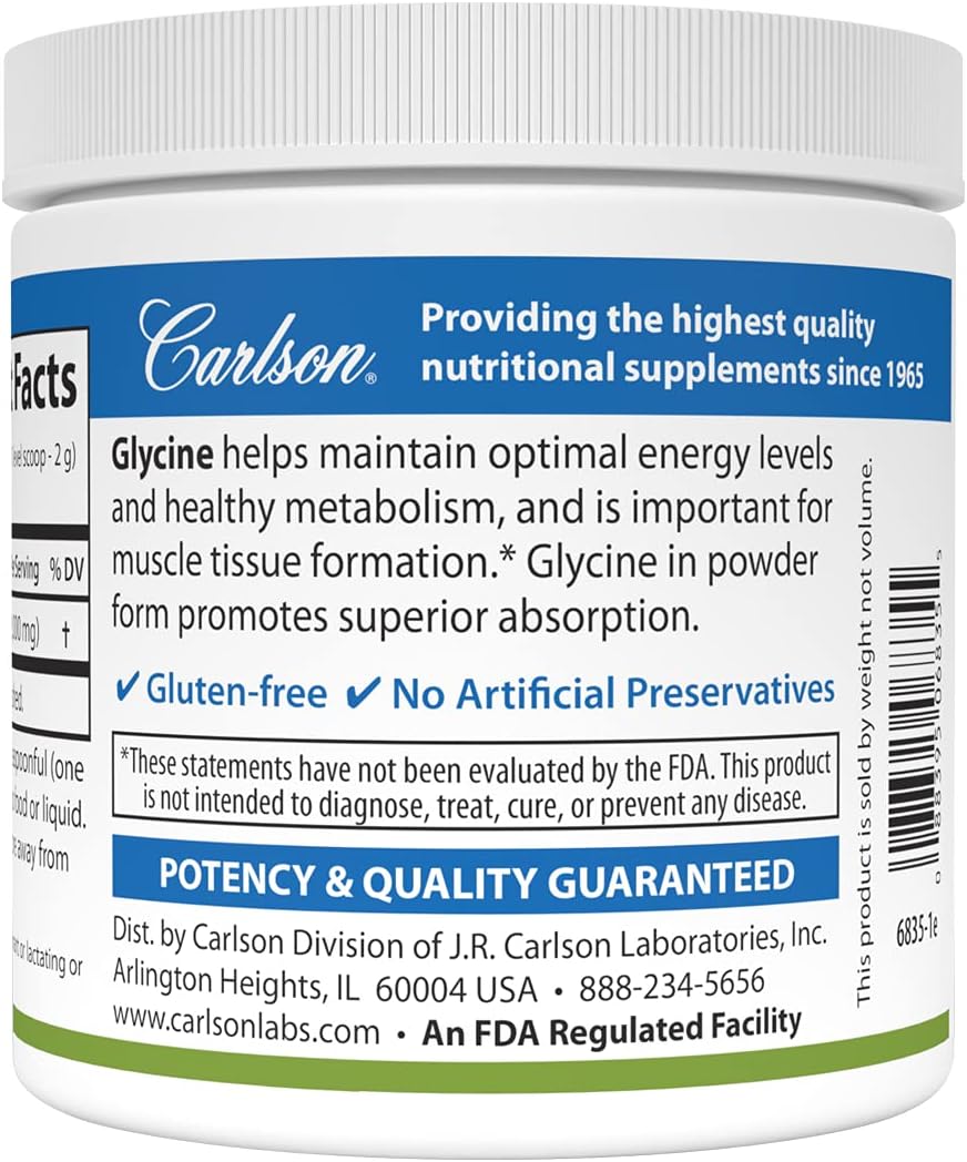 Carlson Glycine Powder 2000mg - Amino Acid Supplement for Energy and Muscle Development, 3.53 oz (100g) - BoostGo Australia
