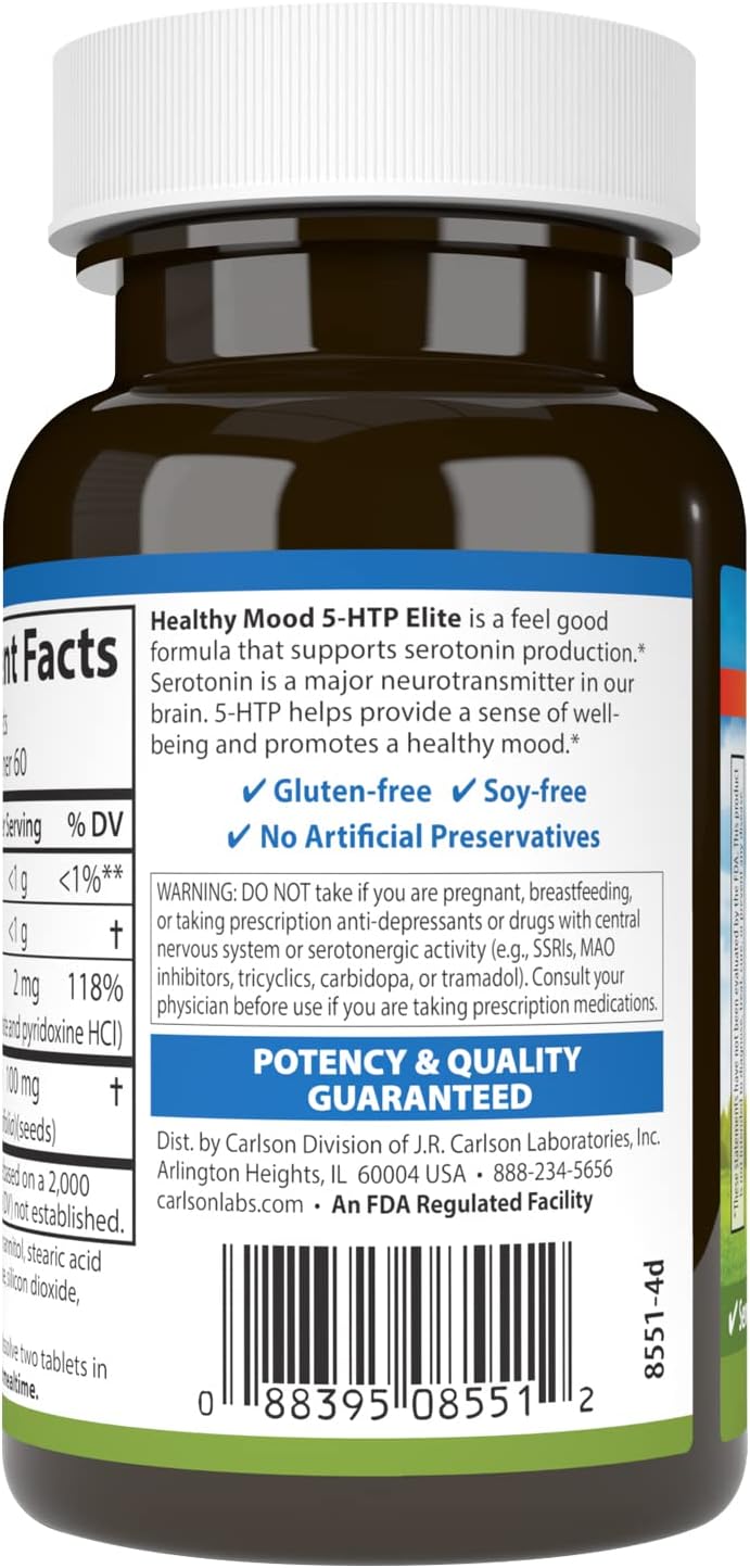 Carlson Healthy Mood 5-HTP Elite 100 mg Tablets, Raspberry Flavor, Serotonin Production & Relaxation