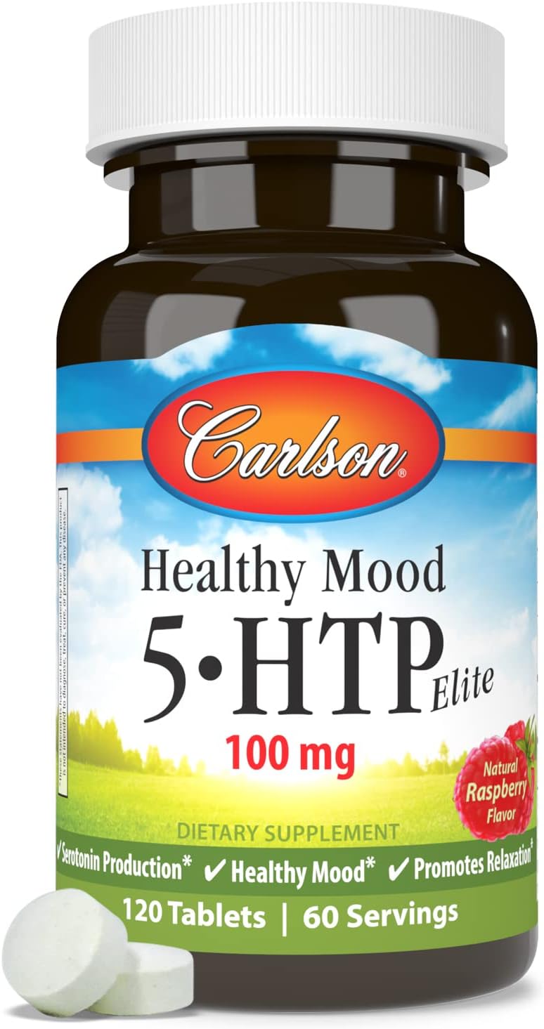 Carlson Healthy Mood 5-HTP Elite 100 mg Tablets, Raspberry Flavor, Serotonin Production & Relaxation