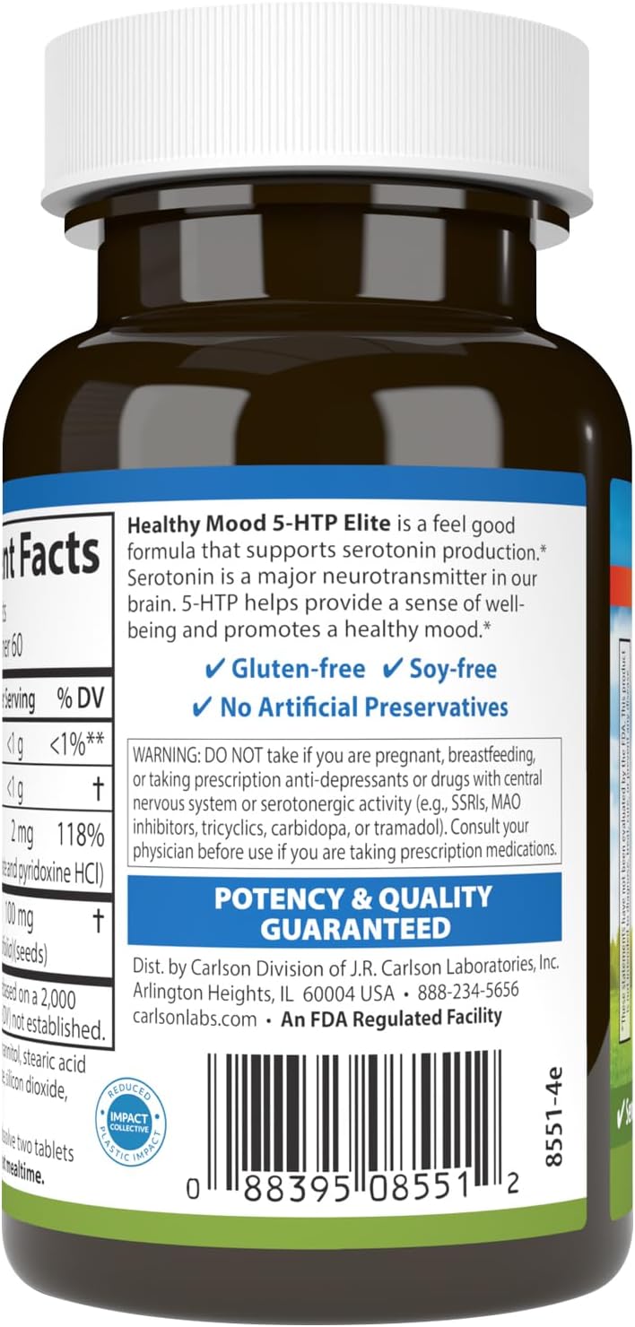 Carlson Healthy Mood 5-htp Elite 50mg Raspberry Chewables - 120 Tablets for Mood Support