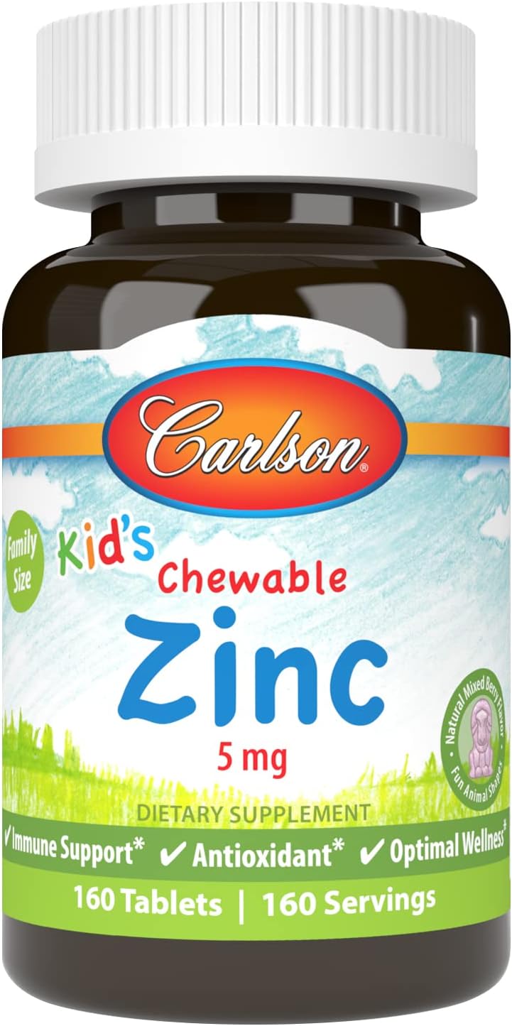 Carlson Kid's Chewable Zinc 5mg Tablets, Natural Mixed Berry Flavor - 160 Count, Immune Support for Children