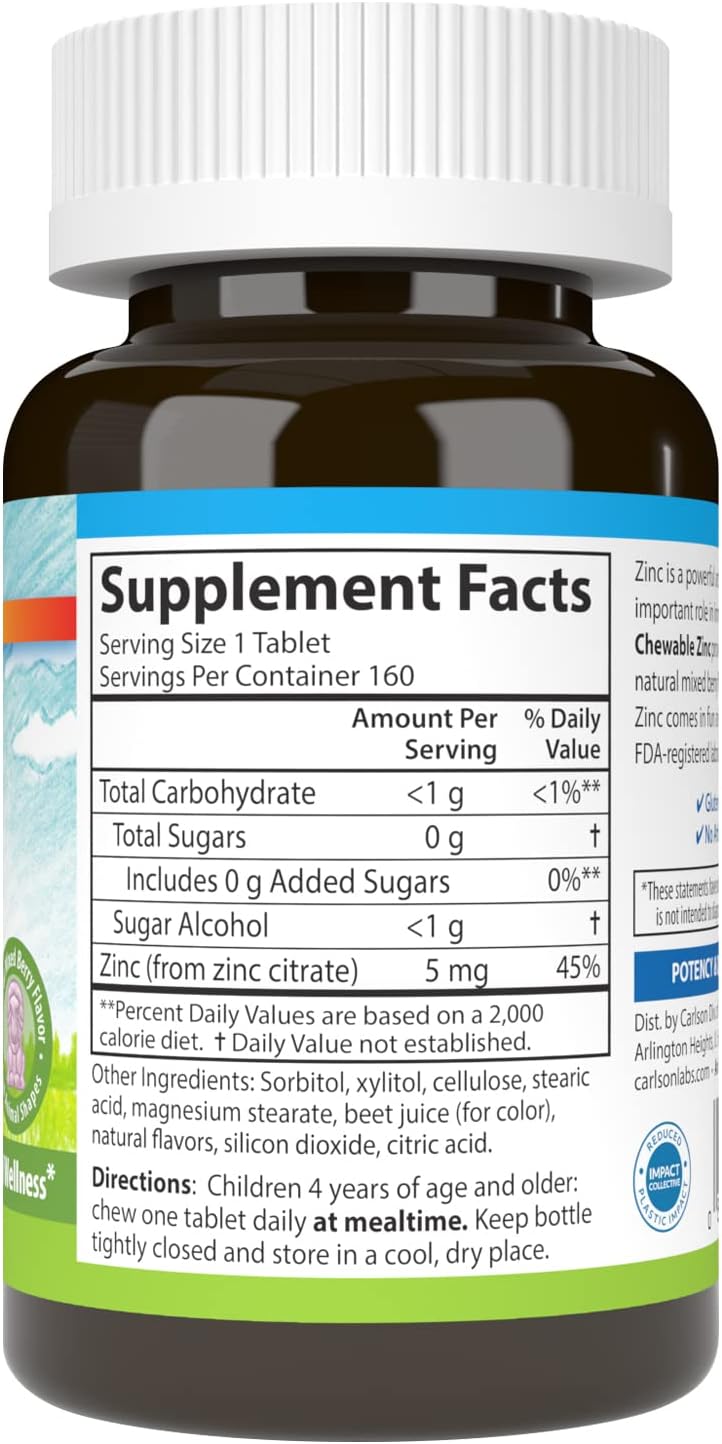 Carlson Kid's Chewable Zinc 5mg Tablets, Natural Mixed Berry Flavor - 160 Count, Immune Support for Children