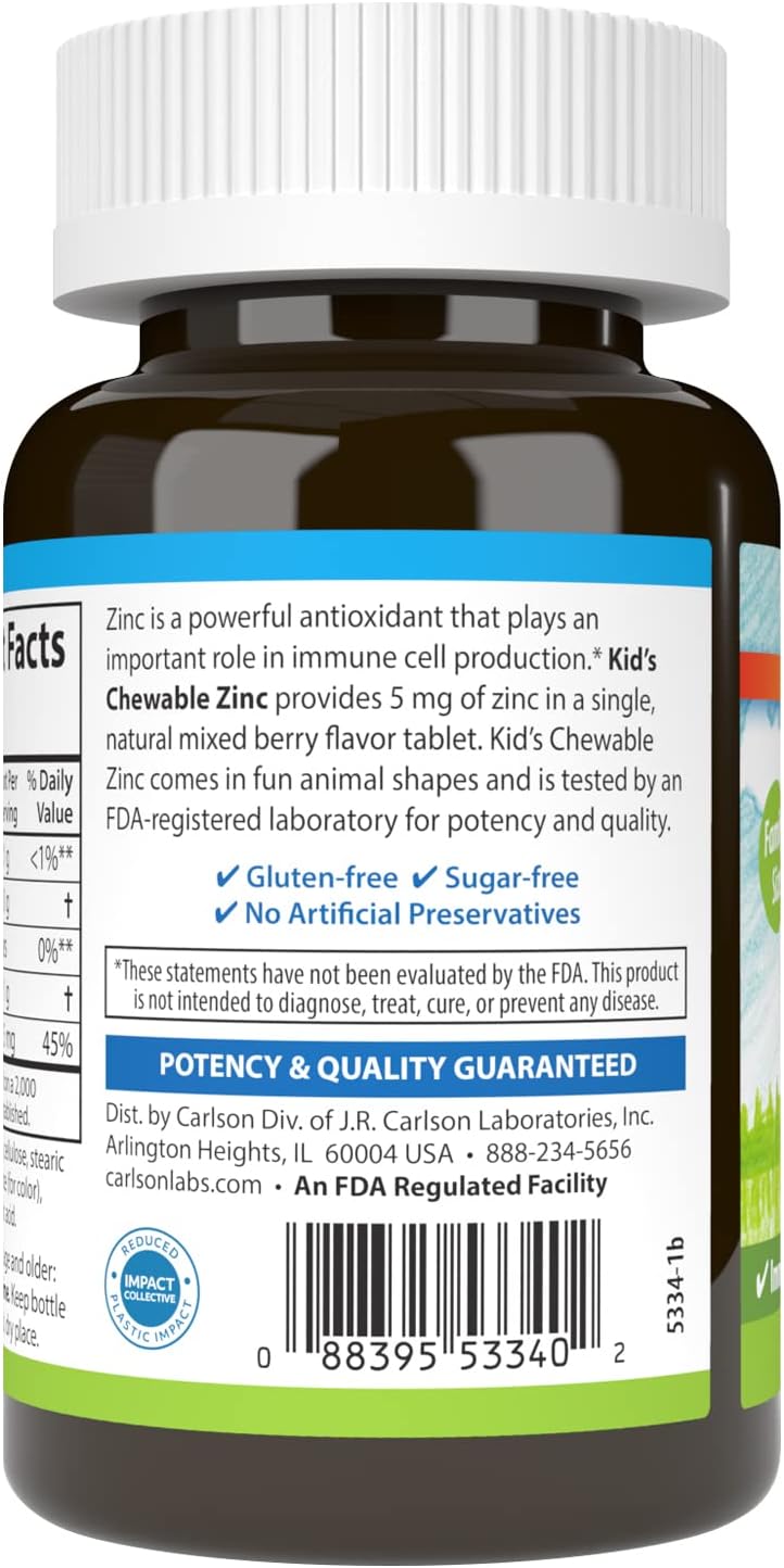 Carlson Kid's Chewable Zinc 5mg Tablets, Natural Mixed Berry Flavor - 160 Count, Immune Support for Children