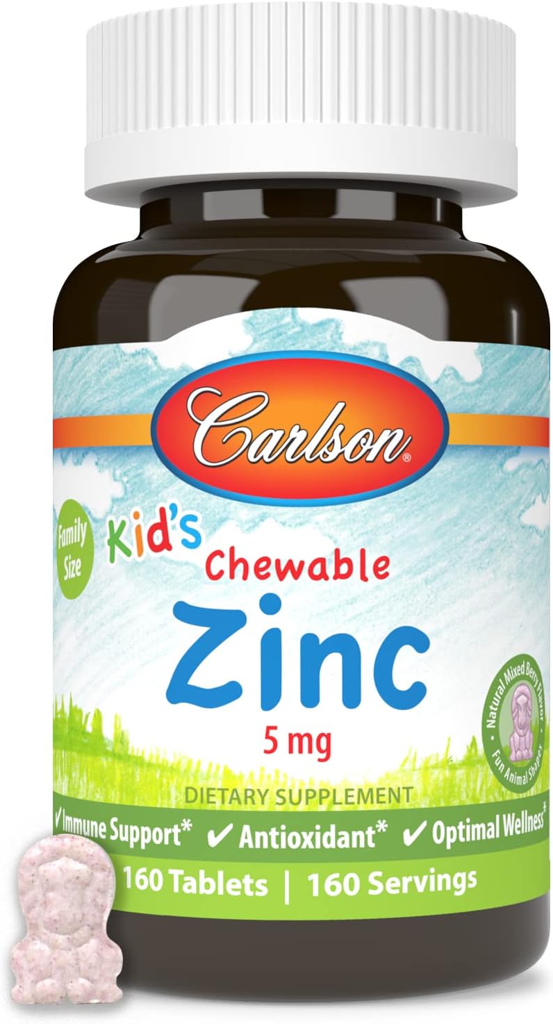 Carlson Kid's Chewable Zinc 5mg Tablets, Natural Mixed Berry Flavor - 160 Count, Immune Support for Children