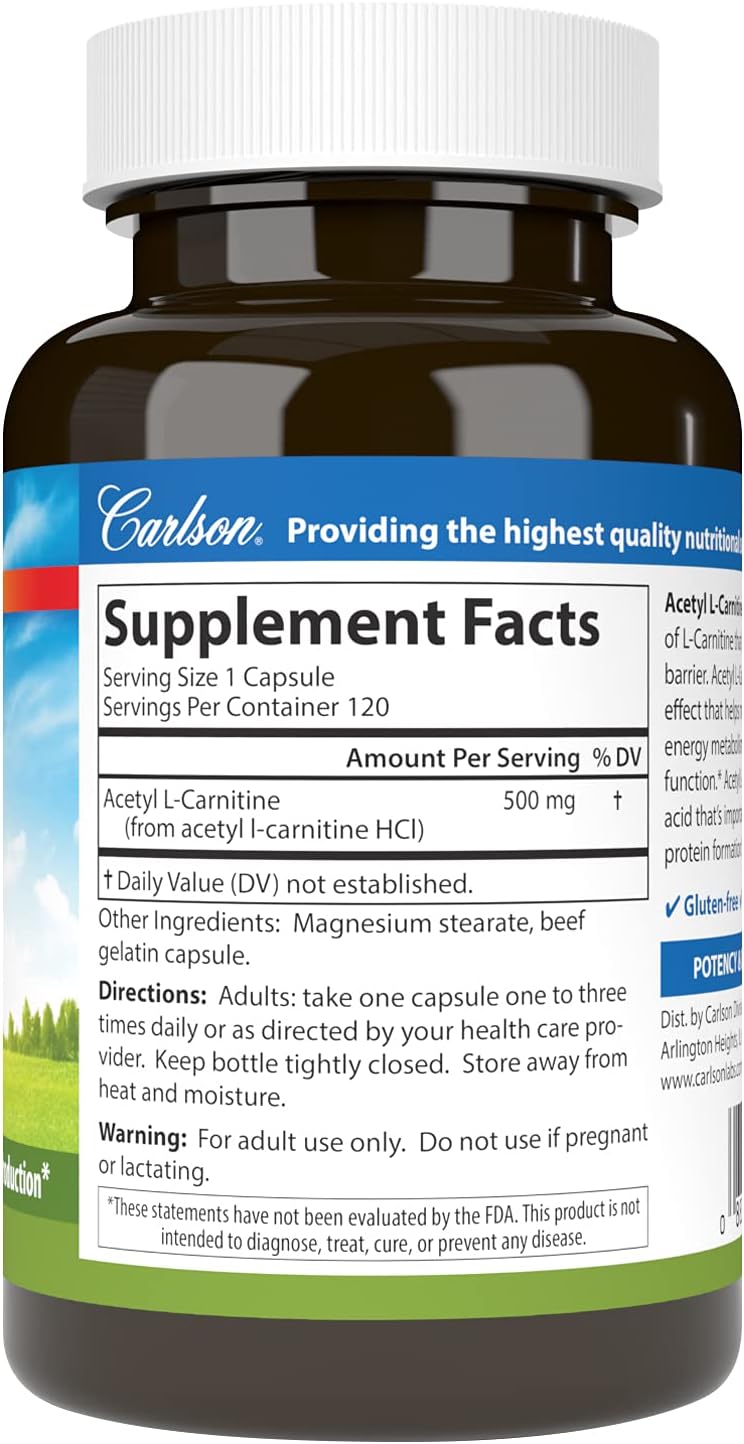 Carlson Labs Acetyl L-Carnitine Capsules - 500mg, 120 Count - Energy & Focus Support