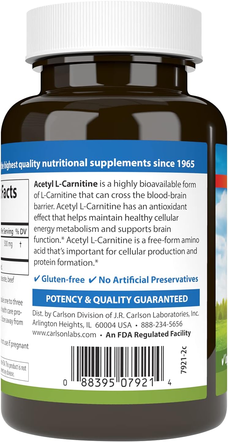 Carlson Labs Acetyl L-Carnitine Capsules - 500mg, 120 Count - Energy & Focus Support