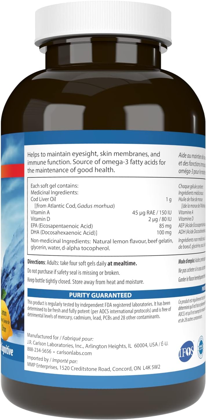 Carlson Labs Cod Liver Oil Capsules - Low Vitamin A, High Omega-3, 300 Softgels