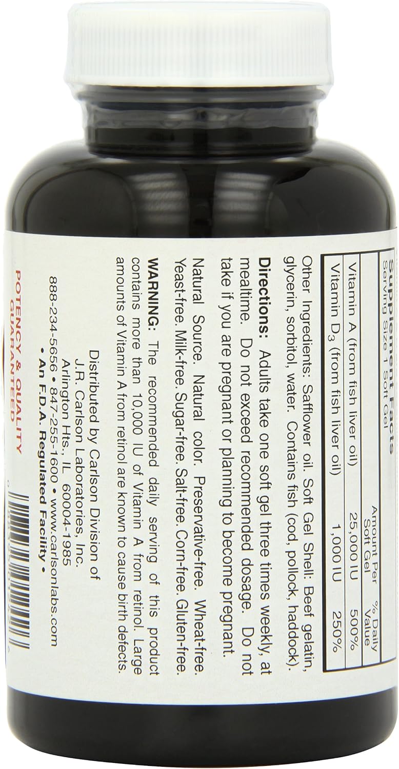 Carlson Labs Vitamin A and D Softgels - 25000/1000 IU, 250 Count - High Potency Supplement