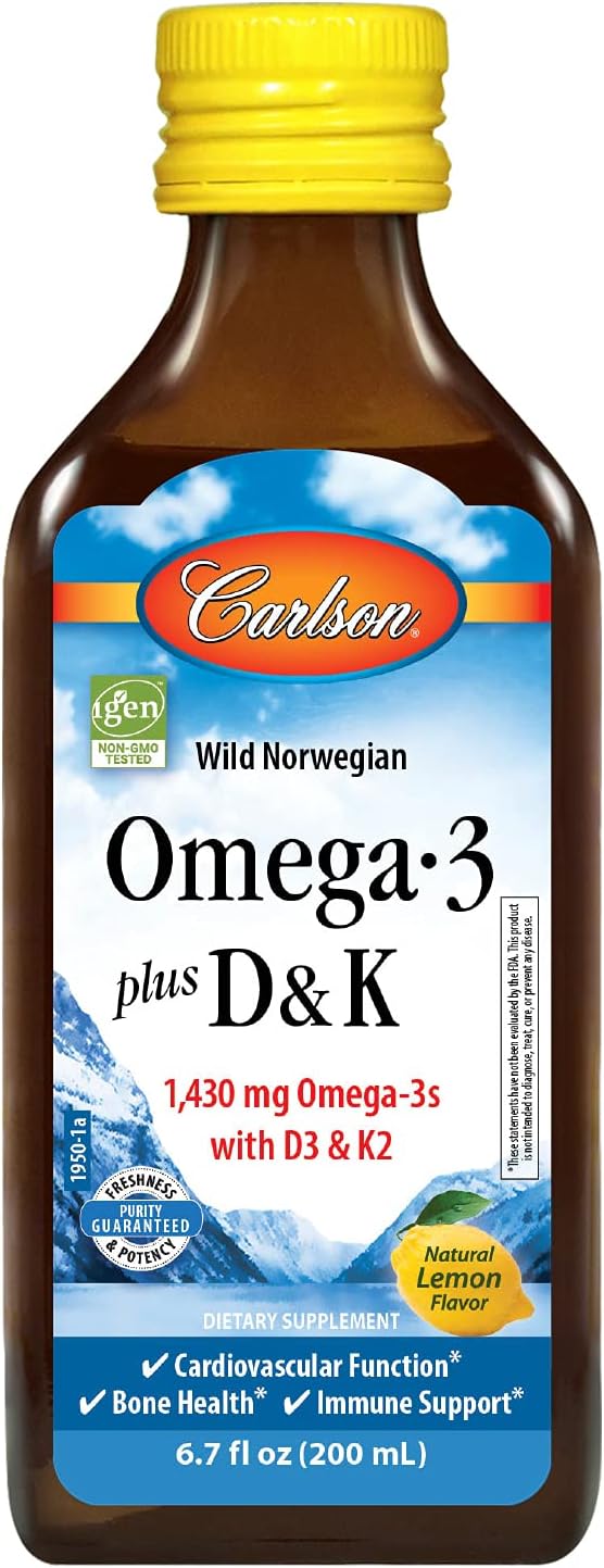 Carlson Lemon Omega-3 + D & K Liquid Supplement for Heart and Bone Health, 1430 mg Omega-3s, 2000 IU D3, 90 mcg K2 as MK-7, 200 mL