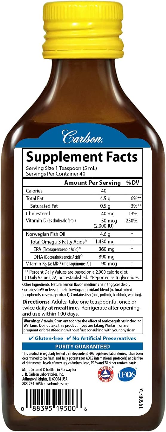 Carlson Lemon Omega-3 + D & K Liquid Supplement for Heart and Bone Health, 1430 mg Omega-3s, 2000 IU D3, 90 mcg K2 as MK-7, 200 mL