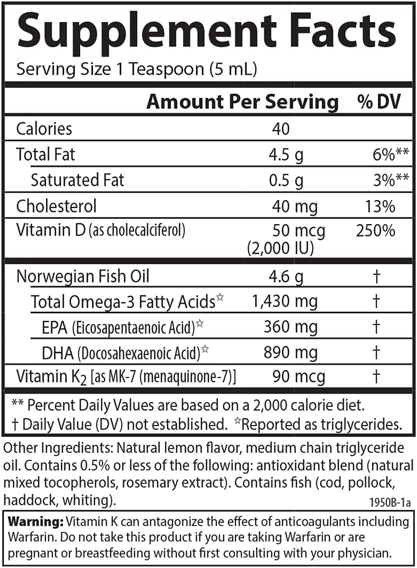 Carlson Lemon Omega-3 + D & K Liquid Supplement for Heart and Bone Health, 1430 mg Omega-3s, 2000 IU D3, 90 mcg K2 as MK-7, 200 mL
