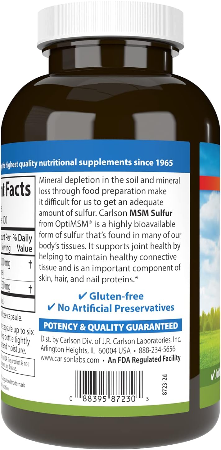 Carlson M-S-M Sulfur Capsules - 1000mg, Superior Bioavailability for Joint Function & Healthy Skin - 300 Vegetarian Capsules