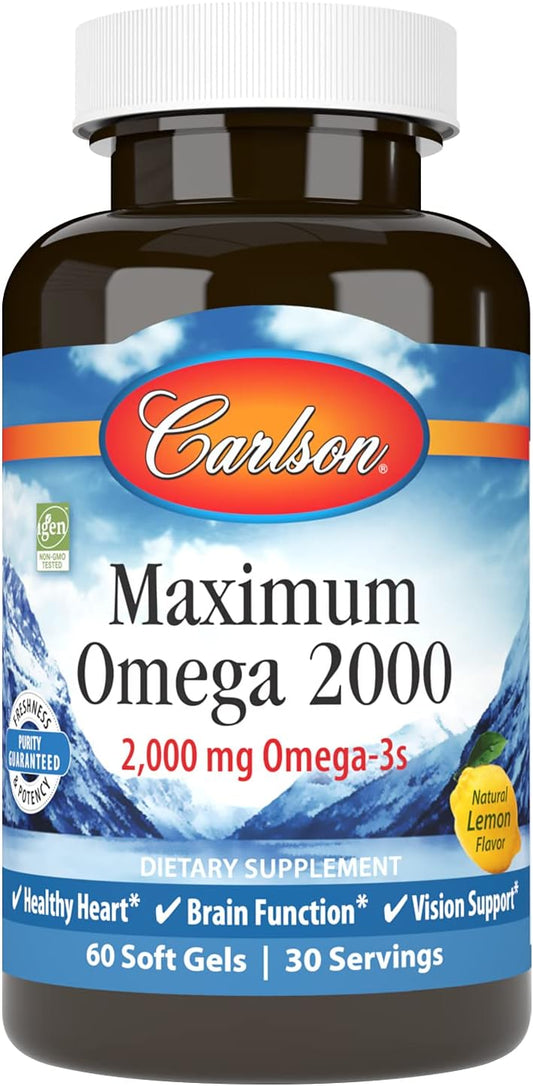 Carlson Maximum Omega 2000: 2000mg EPA & DHA, Wild-Caught Norwegian Fish Oil, Sustainably Sourced, Lemon Softgels - 60 Count