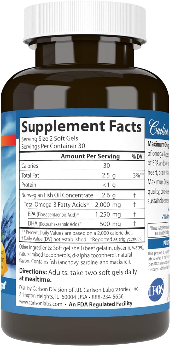 Carlson Maximum Omega 2000: 2000mg EPA & DHA, Wild-Caught Norwegian Fish Oil, Sustainably Sourced, Lemon Softgels - 60 Count