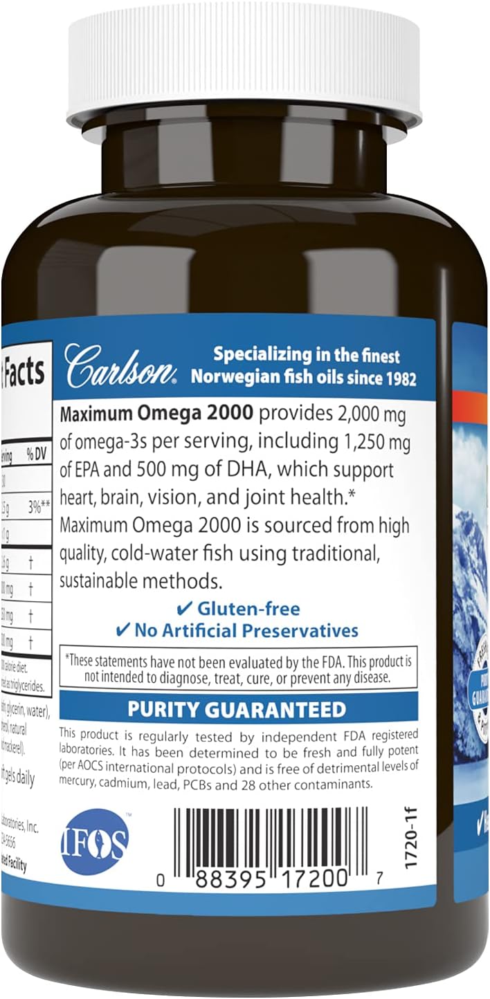 Carlson Maximum Omega 2000: 2000mg EPA & DHA, Wild-Caught Norwegian Fish Oil, Sustainably Sourced, Lemon Softgels - 60 Count