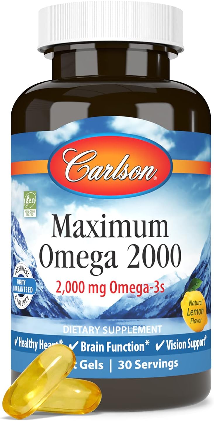 Carlson Maximum Omega 2000: 2000mg EPA & DHA, Wild-Caught Norwegian Fish Oil, Sustainably Sourced, Lemon Softgels - 60 Count