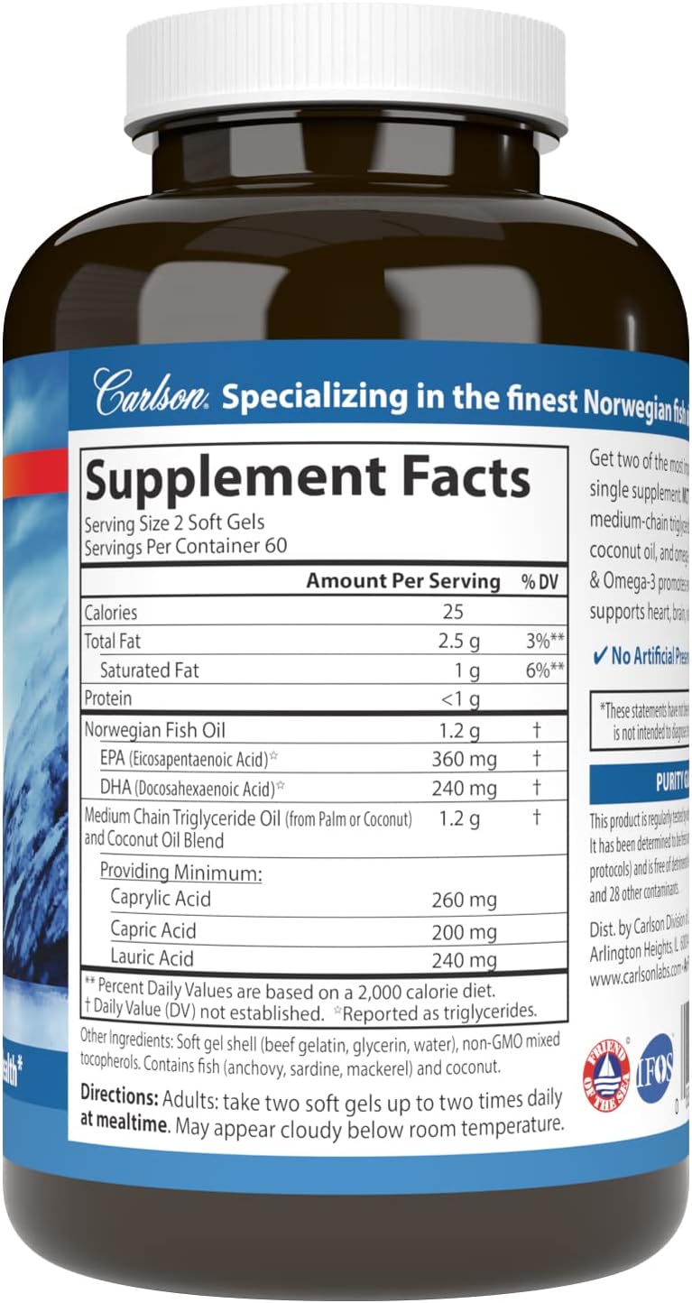 Carlson MCT & Omega-3 Softgels with Coconut Oil, Caprylic & Capric Acids, EPA & DHA for Energy, Fat Metabolism, & Brain Health - BoostGo Australia