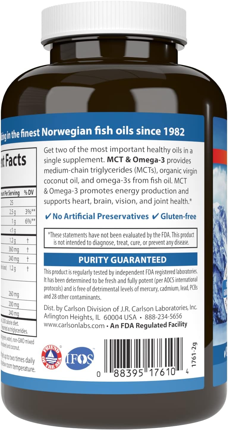 Carlson MCT & Omega-3 Softgels with Coconut Oil, Caprylic & Capric Acids, EPA & DHA for Energy, Fat Metabolism, & Brain Health - BoostGo Australia