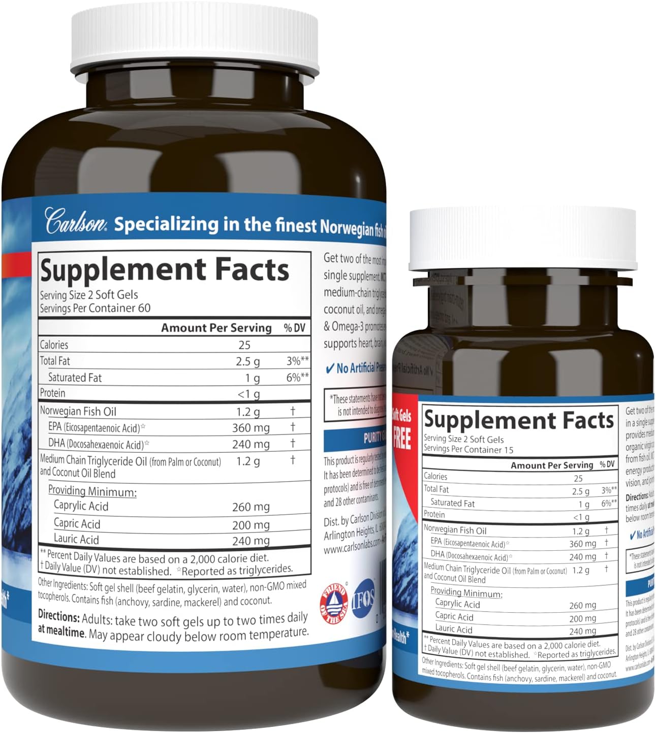 Carlson MCT & Omega-3 Softgels with Coconut Oil for Energy & Brain Health, EPA & DHA, Fat Metabolism, 150 Count - BoostGo Australia