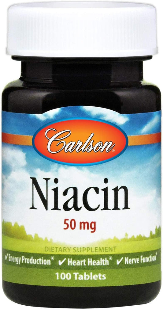 Carlson Niacin 50mg Tablets for Cholesterol, Energy, Heart, and Nerve Health - 100 Count