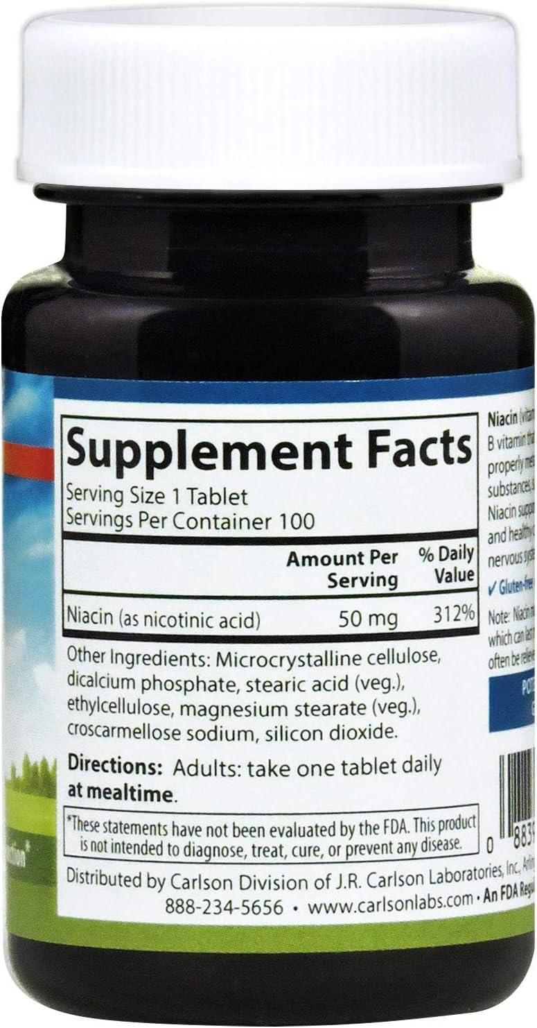 Carlson Niacin 50mg Tablets for Cholesterol, Energy, Heart, and Nerve Health - 100 Count