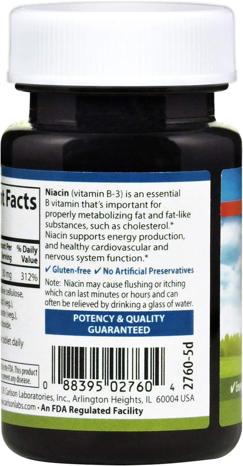 Carlson Niacin 50mg Tablets for Cholesterol, Energy, Heart, and Nerve Health - 100 Count