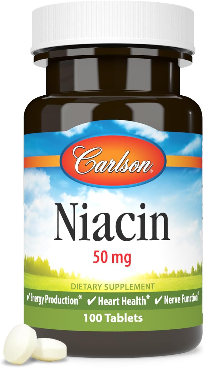 Carlson Niacin 50mg Tablets for Cholesterol, Energy, Heart, and Nerve Health - 100 Count