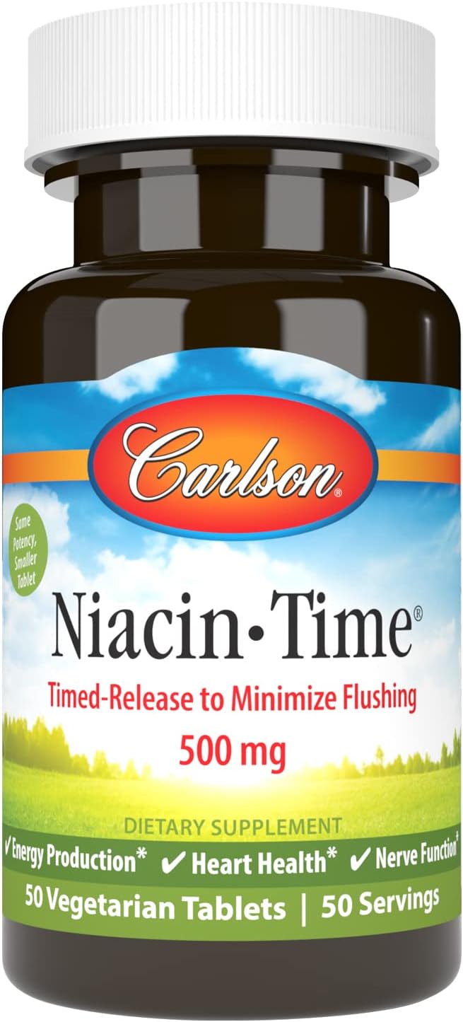 Carlson Niacin-Time 500 mg Time-Release Vitamin B-3 for Cholesterol & Heart Health - 50 Tablets