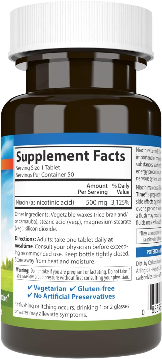 Carlson Niacin-Time 500 mg Time-Release Vitamin B-3 for Cholesterol & Heart Health - 50 Tablets