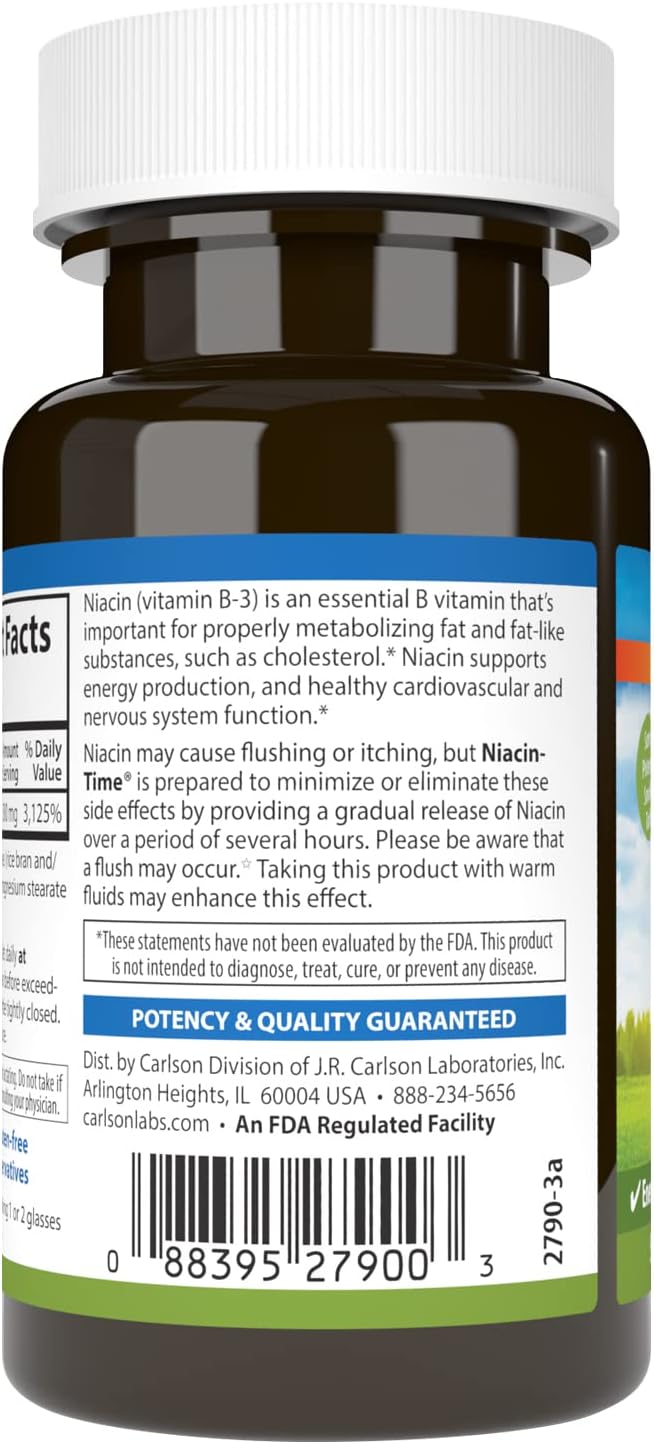 Carlson Niacin-Time 500 mg Time-Release Vitamin B-3 for Cholesterol & Heart Health - 50 Tablets