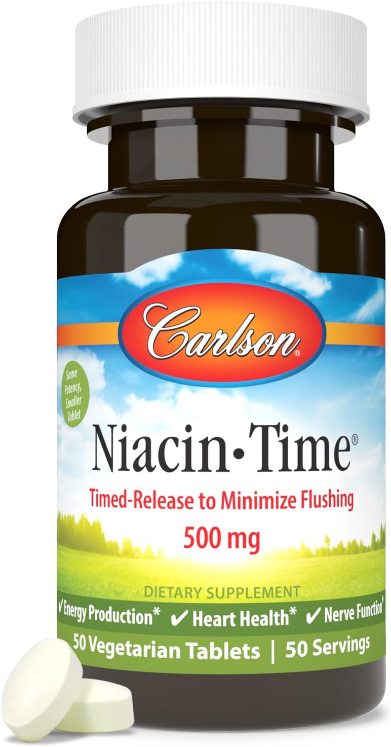 Carlson Niacin-Time 500 mg Time-Release Vitamin B-3 for Cholesterol & Heart Health - 50 Tablets