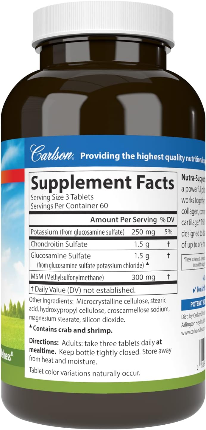 Carlson Nutra-Support Joint Supplement with Glucosamine, Chondroitin, MSM - 180 Tablets for Joint Function and Cartilage Support
