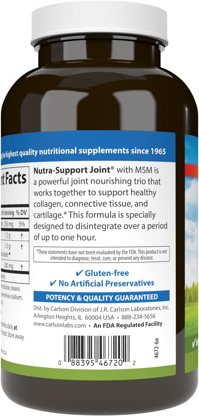 Carlson Nutra-Support Joint Supplement with Glucosamine, Chondroitin, MSM - 180 Tablets for Joint Function and Cartilage Support