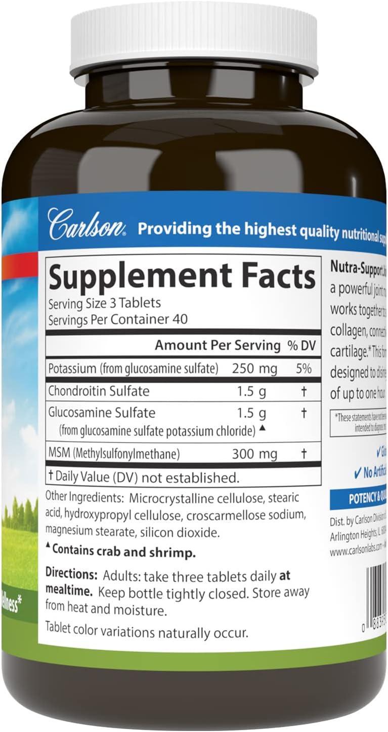 Carlson Nutra-Support with Glucosamine Chondroitin & MSM - Joint Function and Cartilage Support - 120 Tablets for Optimal Wellness