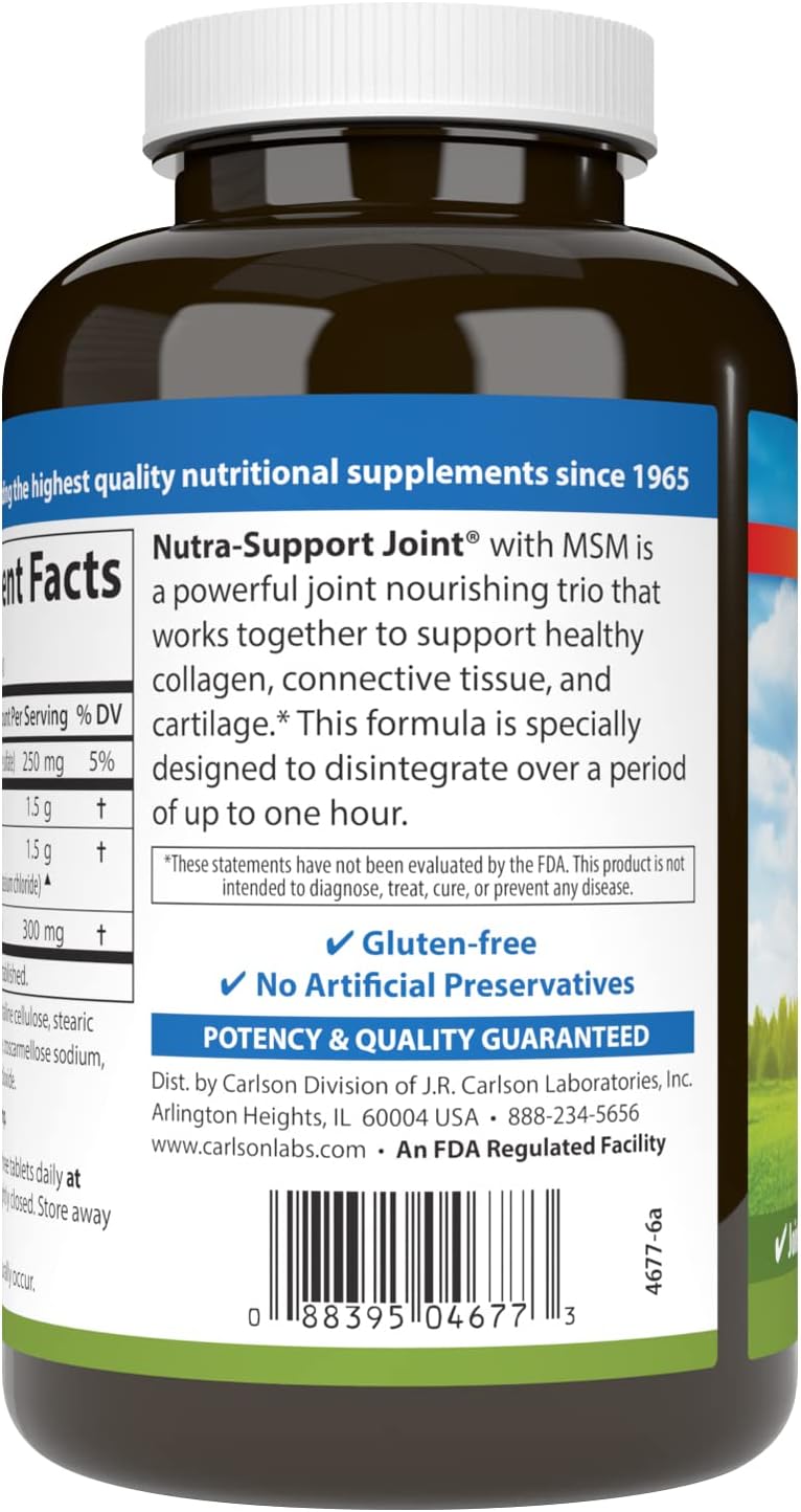 Carlson Nutra-Support with Glucosamine Chondroitin & MSM - Joint Function and Cartilage Support - 120 Tablets for Optimal Wellness