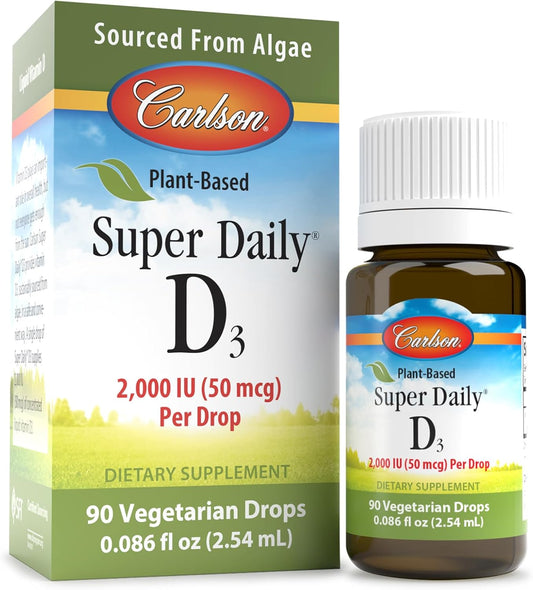 Carlson Plant-Based Liquid Vitamin D3 Drops, 2000 IU (50 mcg) per Drop, Algae Sourced, Unflavored, 90 Drops