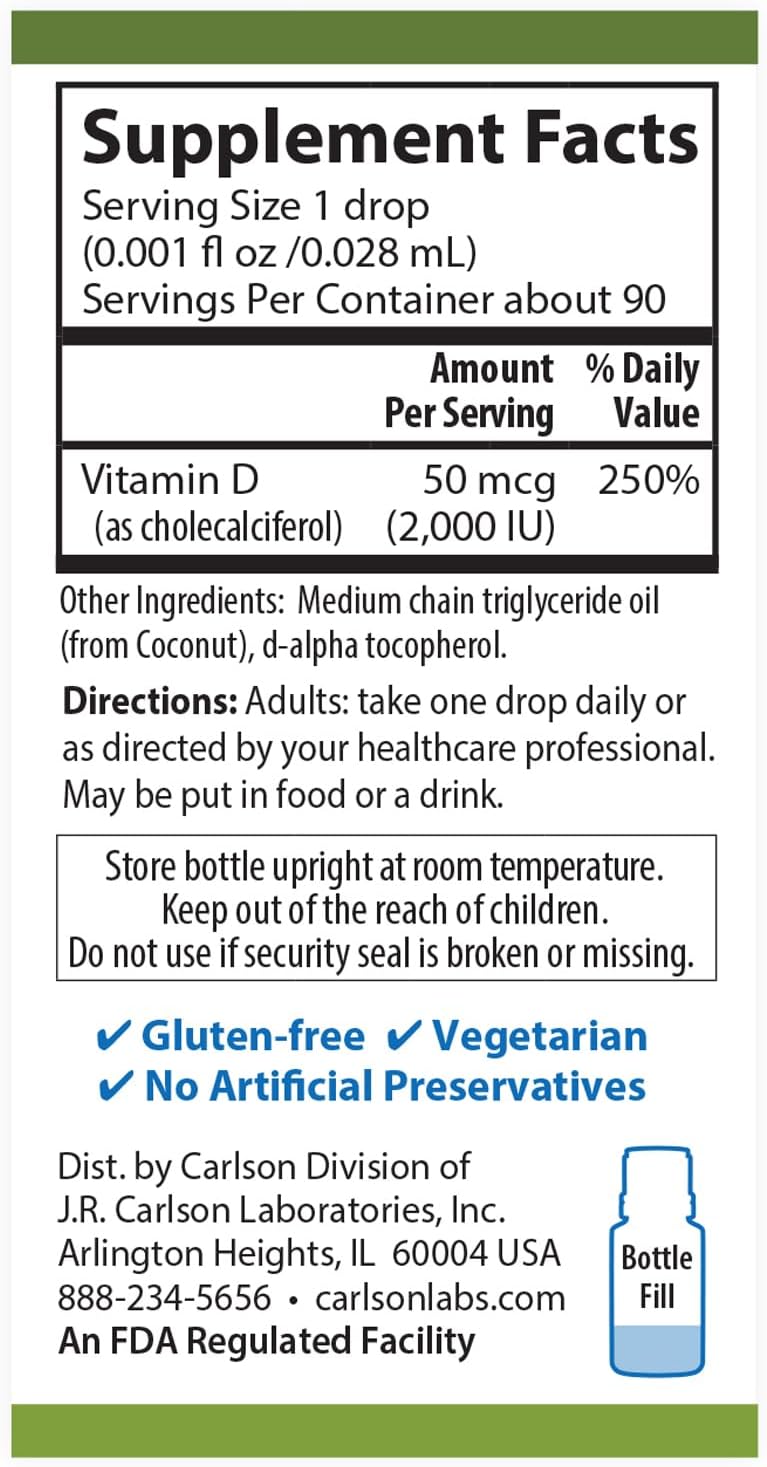 Carlson Plant-Based Liquid Vitamin D3 Drops, 2000 IU (50 mcg) per Drop, Algae Sourced, Unflavored, 90 Drops