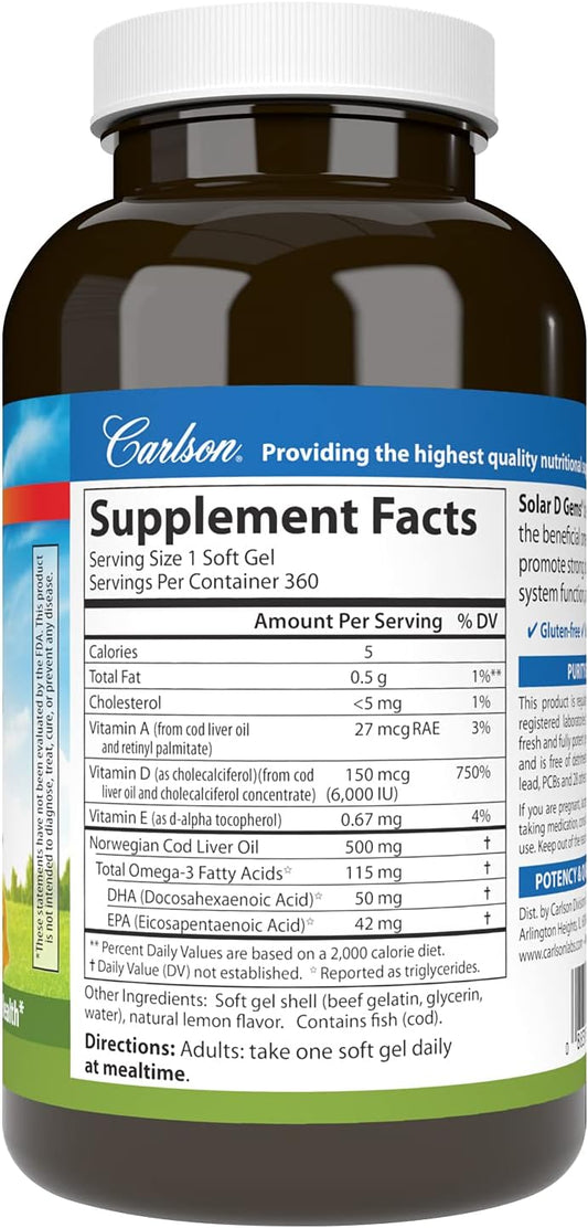 Carlson Solar D Gems Omega-3 Vitamin D3 Supplement 6000 IU Lemon 360 Softgels