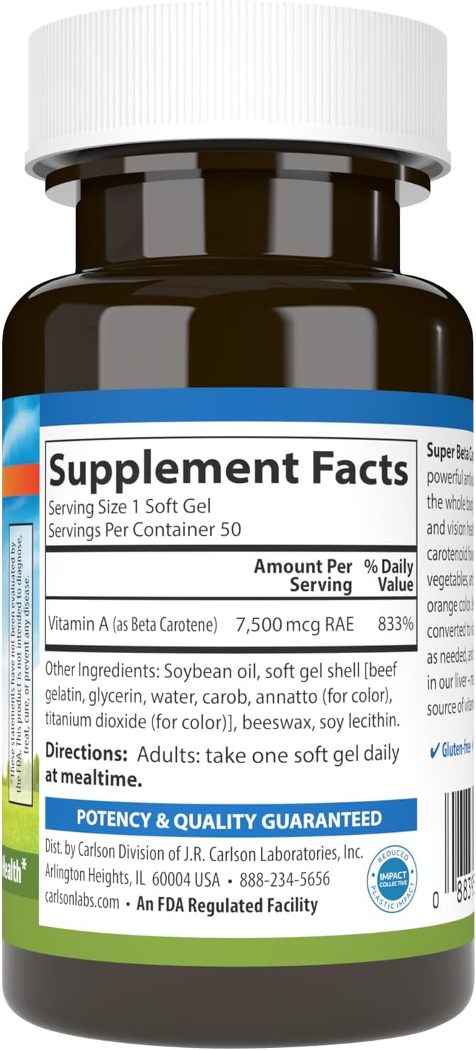 Carlson Super Beta Carotene 25000 IU Softgels for Vision and Skin Health