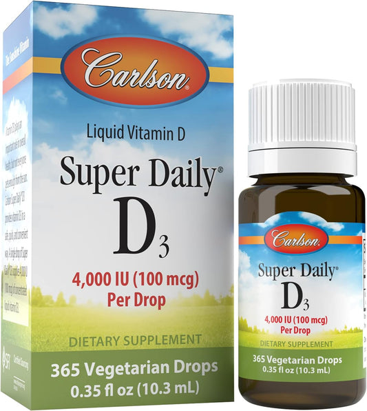 Carlson Super Daily D3 4,000 IU Drops for Heart, Immune, Teeth, and Bone Strength - Unflavored - 365 Drops