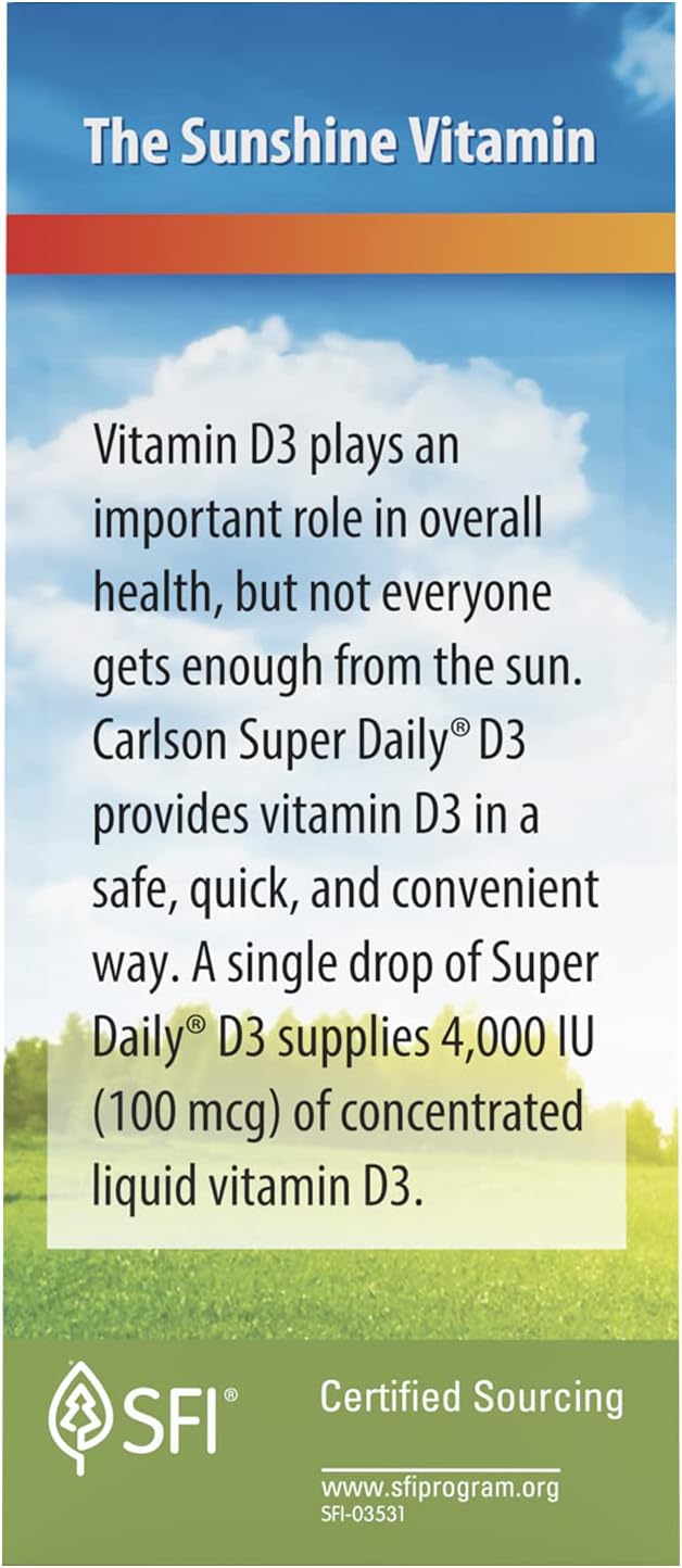 Carlson Super Daily D3 4,000 IU Drops for Heart, Immune, Teeth, and Bone Strength - Unflavored - 365 Drops
