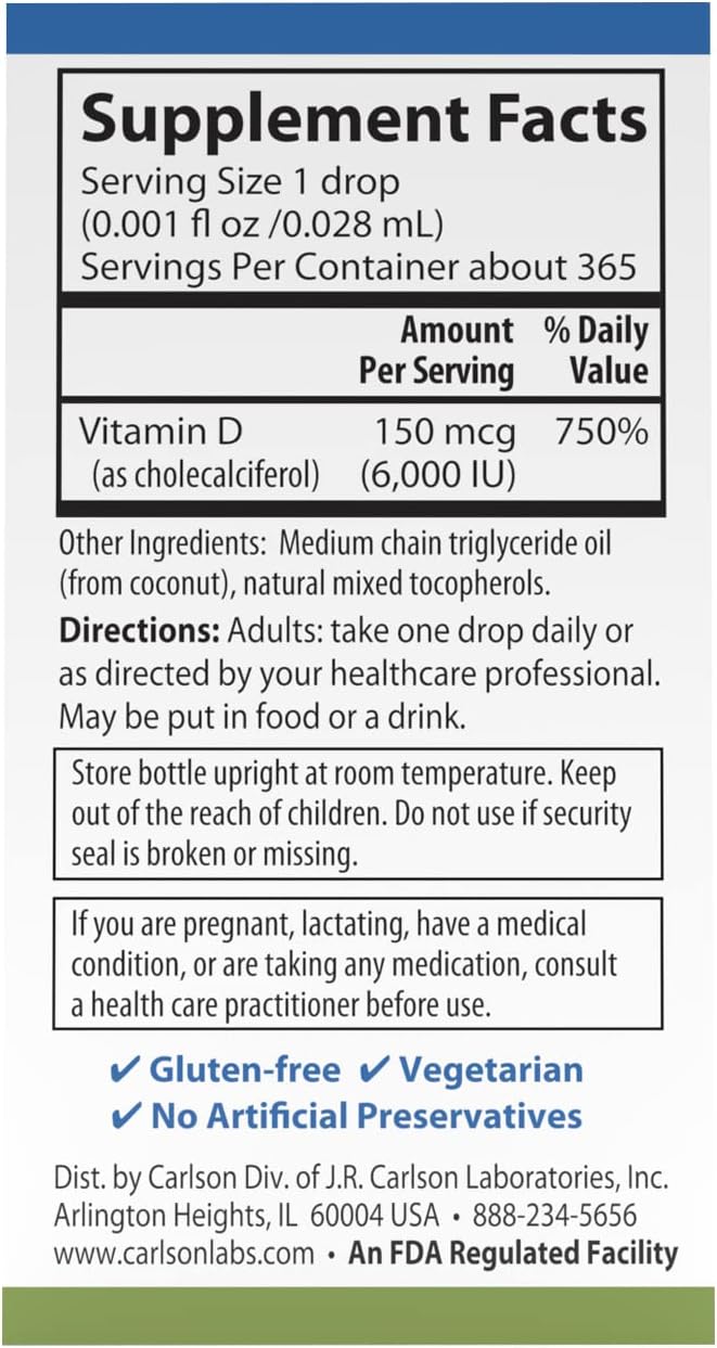Carlson Super Daily D3 Liquid Vitamin D3 6000 IU - 1 Year Supply - Non-GMO - Unflavored - 365 Vegetarian Drops