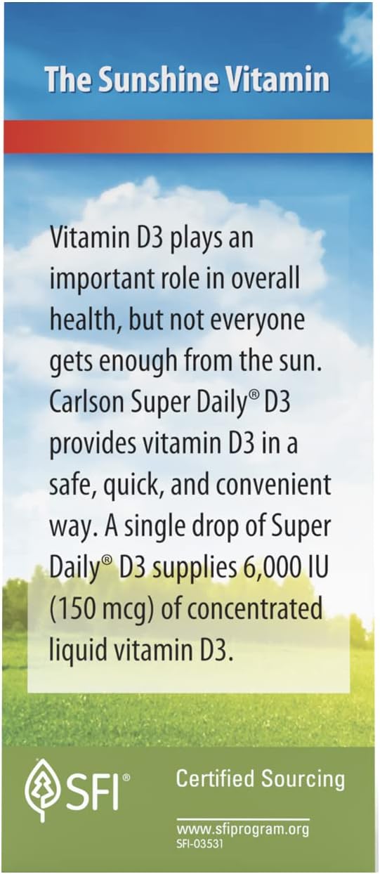 Carlson Super Daily D3 Liquid Vitamin D3 6000 IU - 1 Year Supply - Non-GMO - Unflavored - 365 Vegetarian Drops