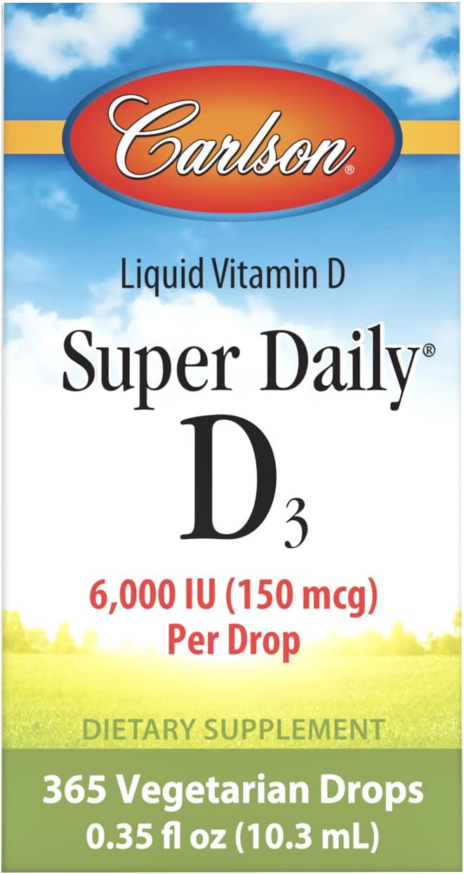 Carlson Super Daily D3 Liquid Vitamin D3 6000 IU - 1 Year Supply - Non-GMO - Unflavored - 365 Vegetarian Drops
